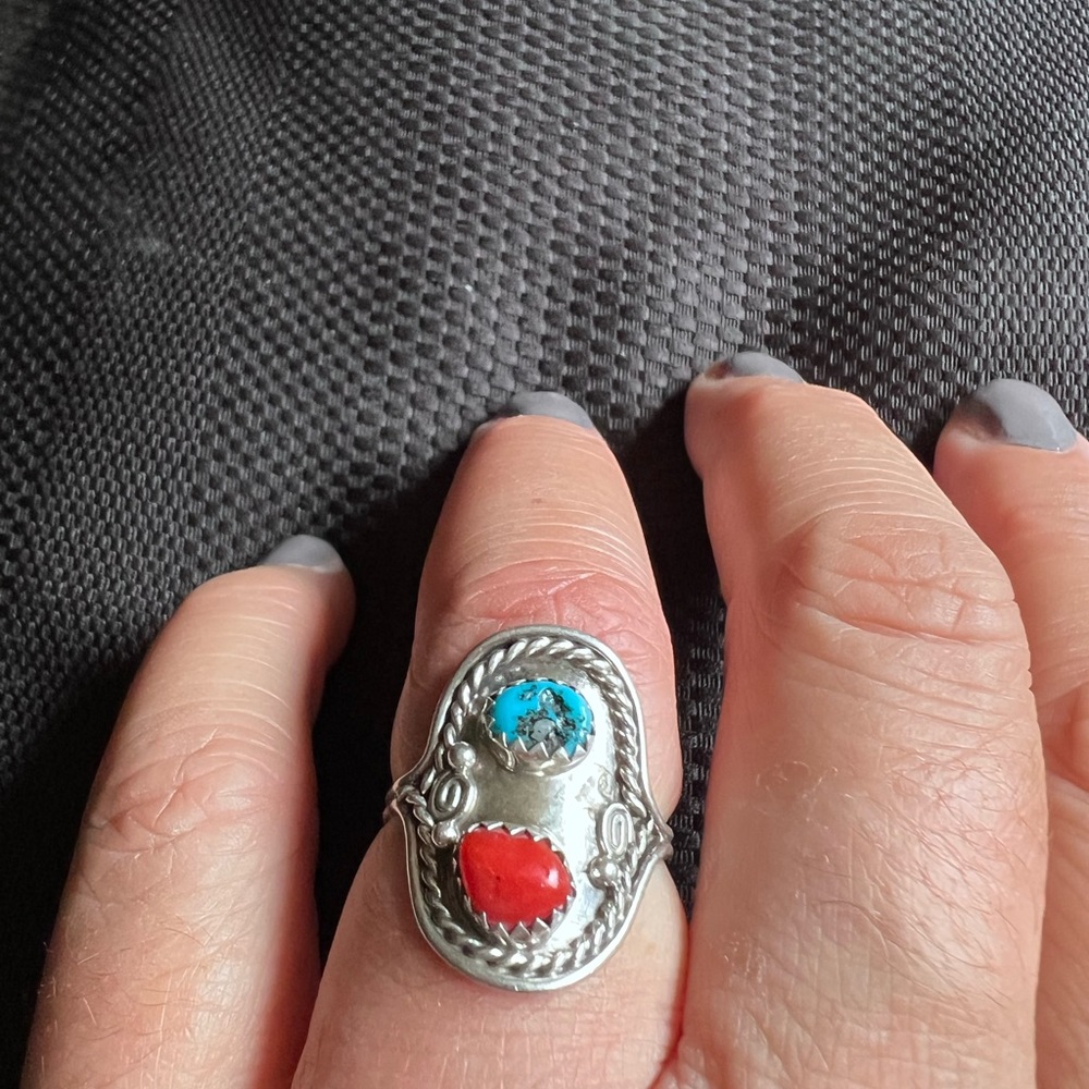 Turquoise and coral silver ring